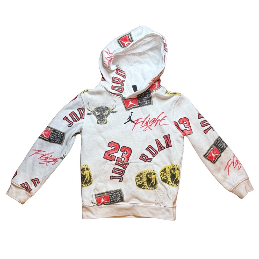 AIR JORDAN AOP Brooklyn Graphic Pullover Fleece Hoodie boys size 5-6 EUC